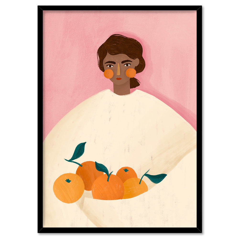 The Woman with the Oranges - Art Print by Bea Muller, Poster, Stretched Canvas, or Framed Wall Art Print, shown in a black frame