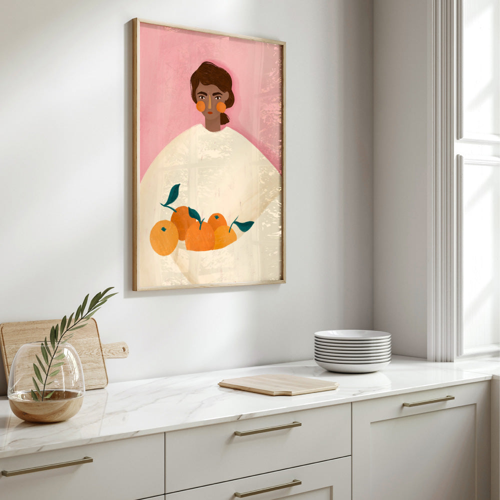 The Woman with the Oranges - Art Print by Bea Muller, Poster, Stretched Canvas or Framed Wall Art Prints, shown framed in a room