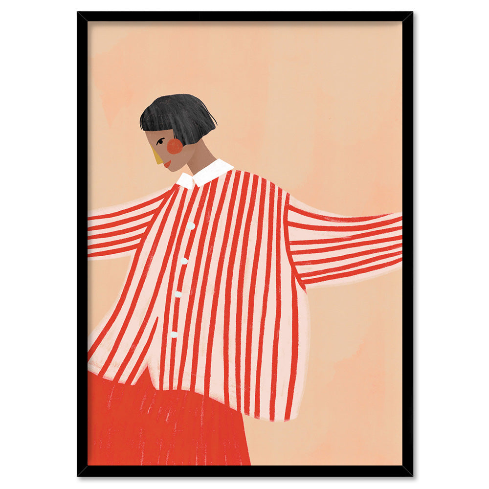 The Woman in the Red Stripe Shirt - Art Print by Bea Muller, Poster, Stretched Canvas, or Framed Wall Art Print, shown in a black frame