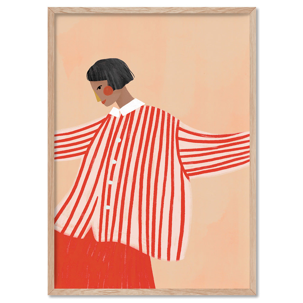 The Woman in the Red Stripe Shirt - Art Print by Bea Muller, Poster, Stretched Canvas, or Framed Wall Art Print, shown in a natural timber frame