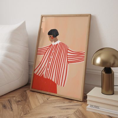 The Woman in the Red Stripe Shirt - Art Print by Bea Muller, Poster, Stretched Canvas or Framed Wall Art Prints, shown framed in a room