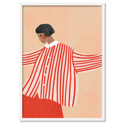 The Woman in the Red Stripe Shirt - Art Print by Bea Muller, Poster, Stretched Canvas, or Framed Wall Art Print, shown in a white frame
