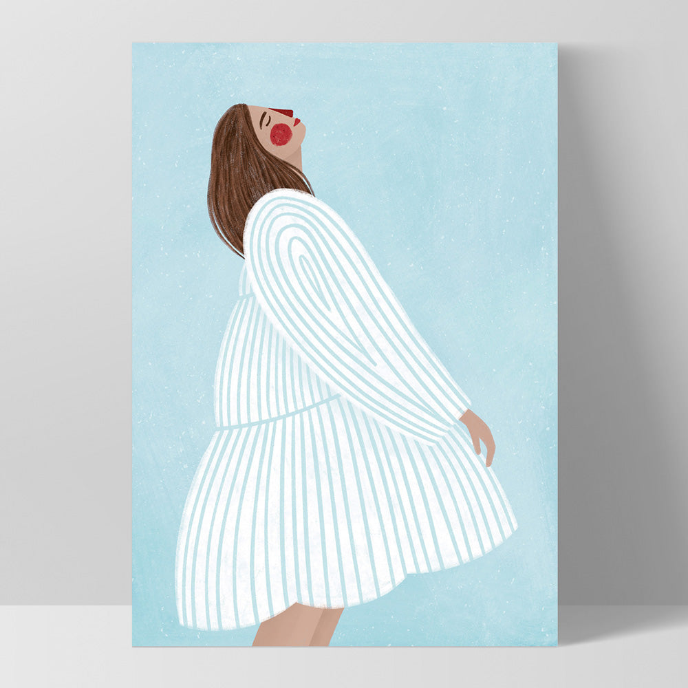 The Woman in the Blue Stripe Dress - Art Print by Bea Muller, Poster, Stretched Canvas, or Framed Wall Art Print, shown as a stretched canvas or poster without a frame
