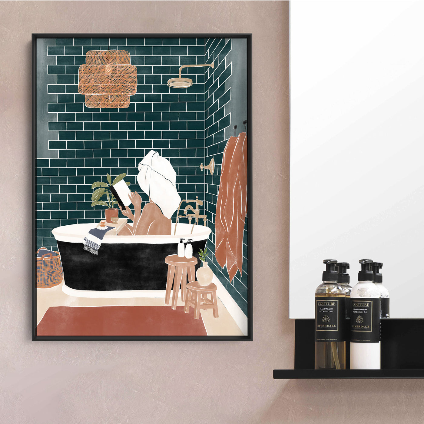 Bathroom Bliss - Art Print by Ivy Green Illustrations, Poster, Stretched Canvas or Framed Wall Art Prints, shown framed in a room