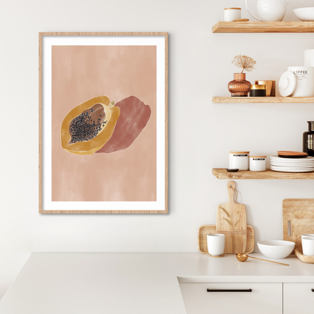 Papaya Still Life - Art Print by Ivy Green Illustrations, Poster, Stretched Canvas or Framed Wall Art Prints, shown framed in a room