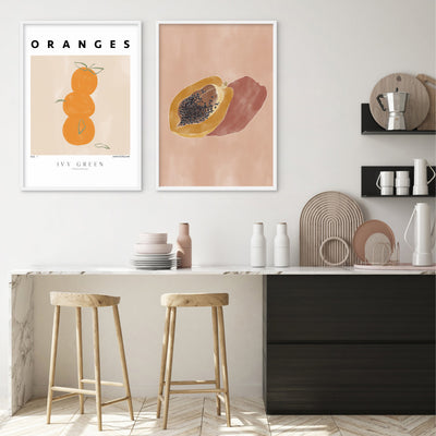 Papaya Still Life - Art Print by Ivy Green Illustrations, Poster, Stretched Canvas or Framed Wall Art, shown framed in a home interior space