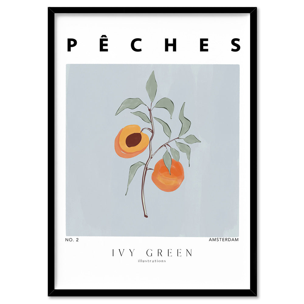 Peaches D'Art - Art Print by Ivy Green Illustrations, Poster, Stretched Canvas, or Framed Wall Art Print, shown in a black frame