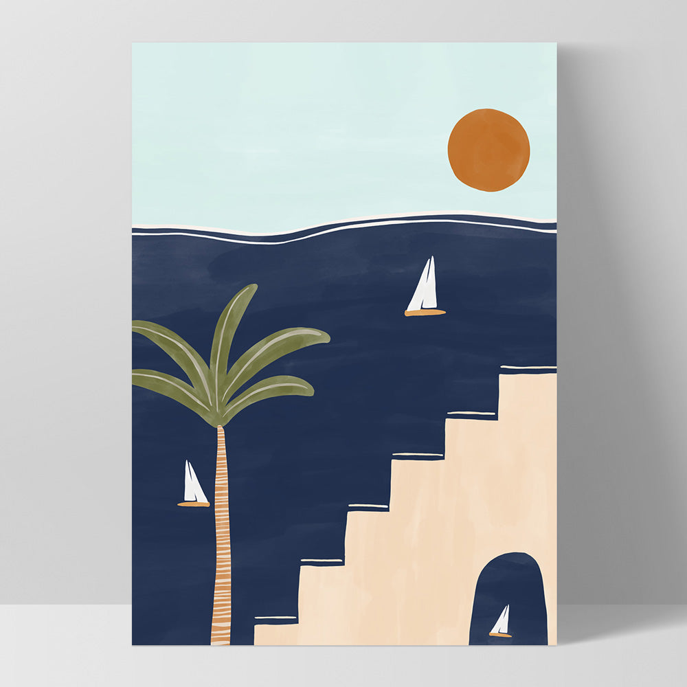 Sailboats in Serenity - Art Print by Ivy Green Illustrations, Poster, Stretched Canvas, or Framed Wall Art Print, shown as a stretched canvas or poster without a frame