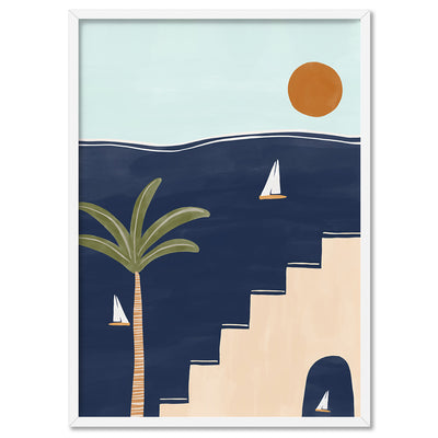 Sailboats in Serenity - Art Print by Ivy Green Illustrations, Poster, Stretched Canvas, or Framed Wall Art Print, shown in a white frame