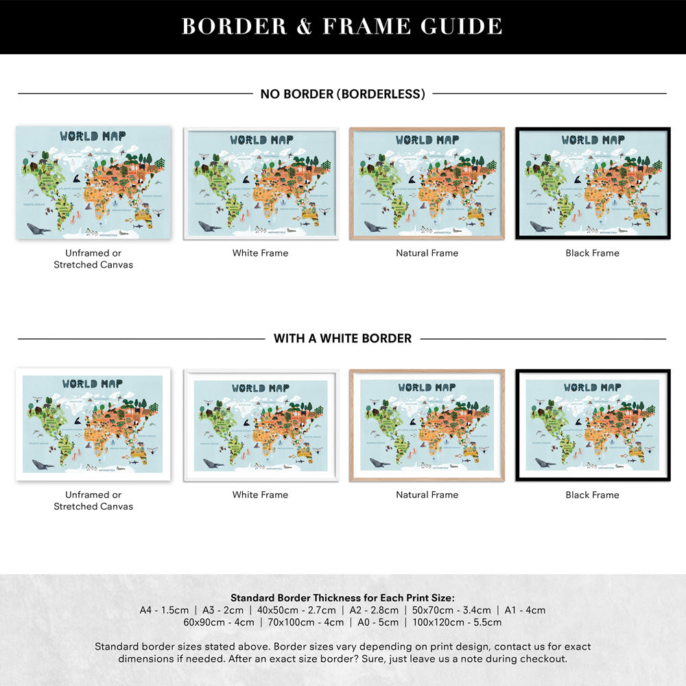 Kids Illustrated World Map - Art Print, Poster, Stretched Canvas or Framed Wall Art, Showing White , Black, Natural Frame Colours, No Frame (Unframed) or Stretched Canvas, and With or Without White Borders