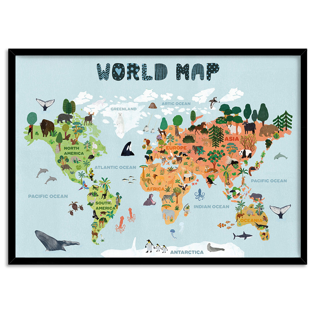 Kids Illustrated World Map - Art Print, Poster, Stretched Canvas, or Framed Wall Art Print, shown in a black frame