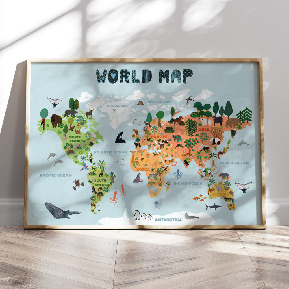 Kids Illustrated World Map - Art Print, Poster, Stretched Canvas or Framed Wall Art Prints, shown framed in a room