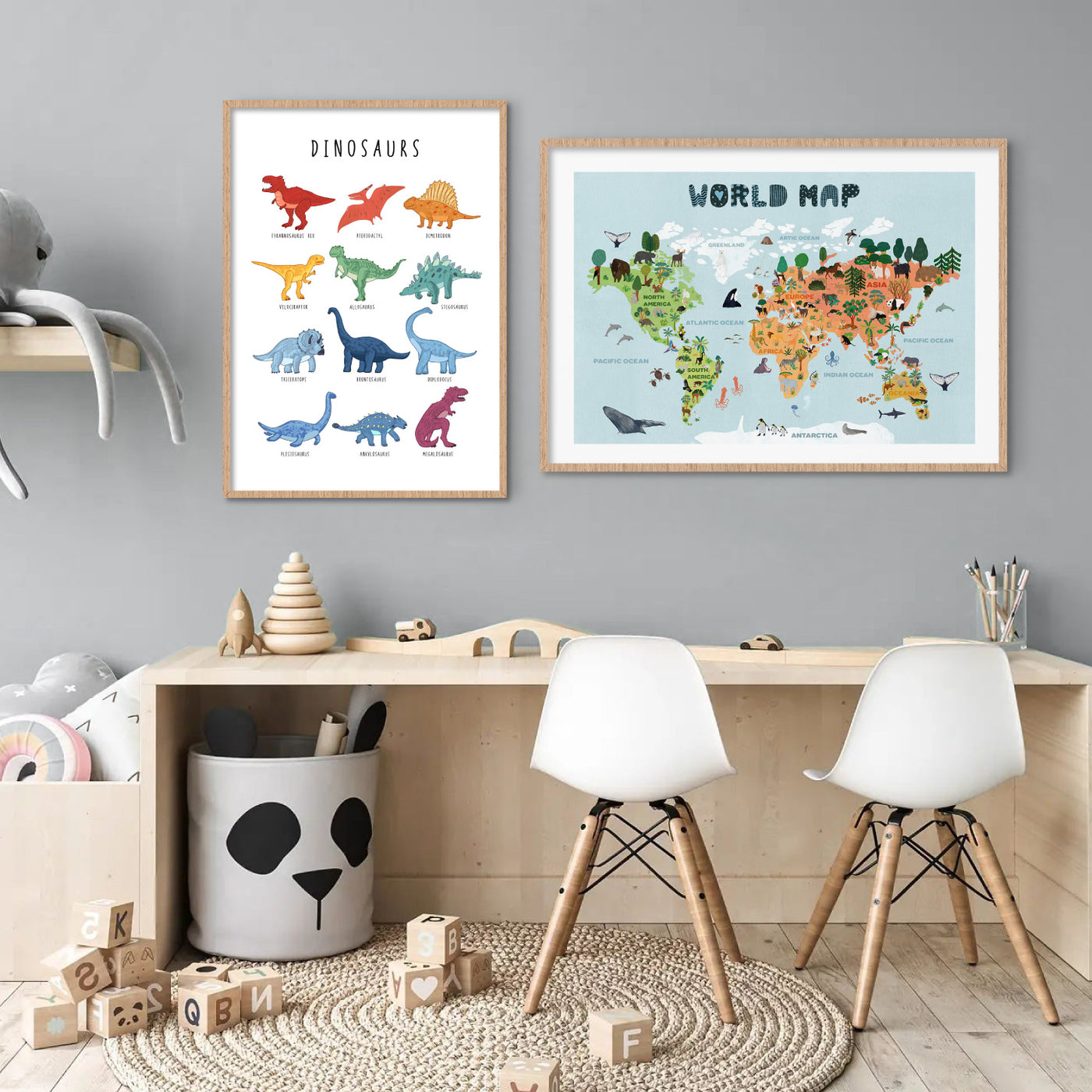 Kids Illustrated World Map - Art Print, Poster, Stretched Canvas or Framed Wall Art, shown framed in a home interior space