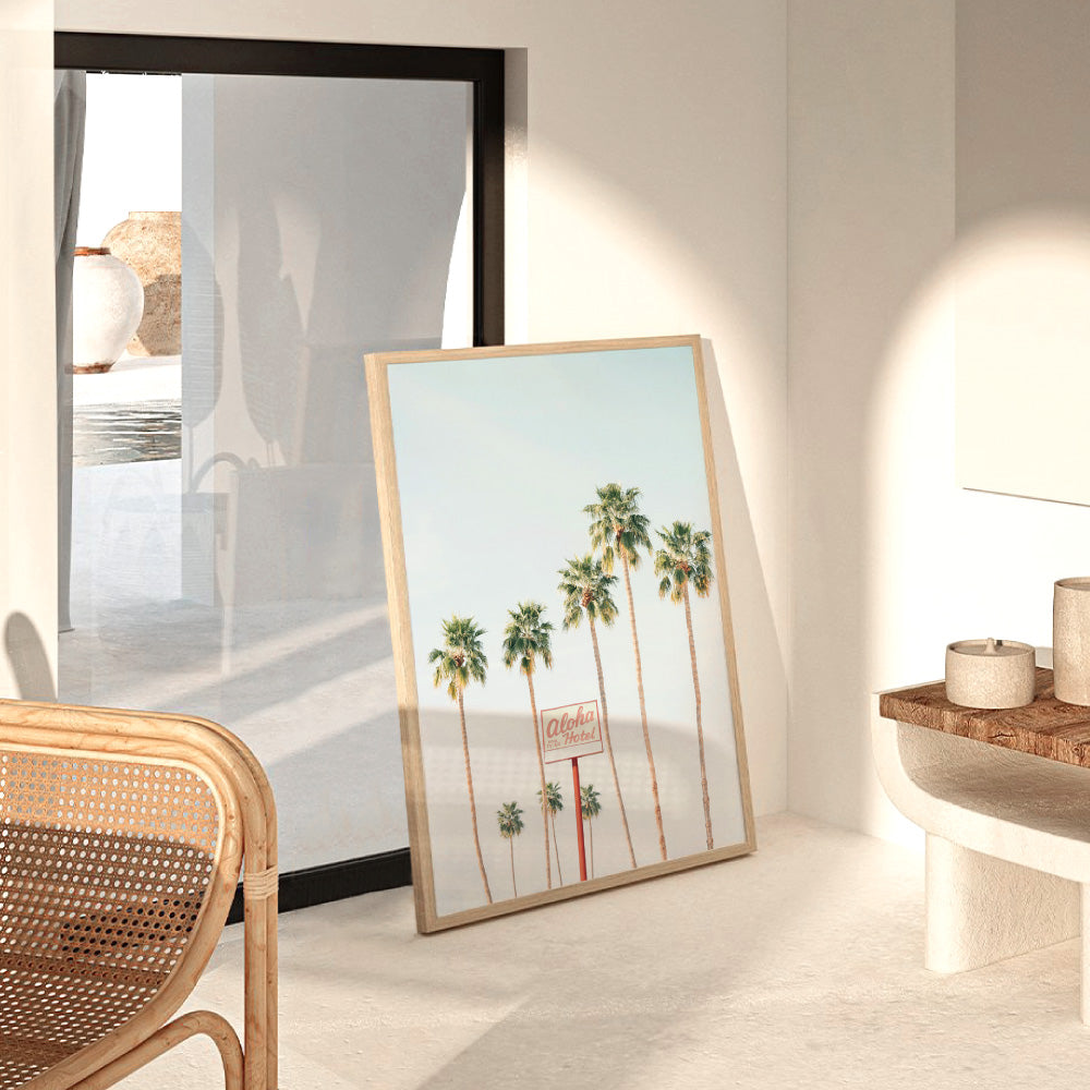 Palm Springs | Aloha Hotel, Poster, Stretched Canvas or Framed Wall Art Prints, shown framed in a room