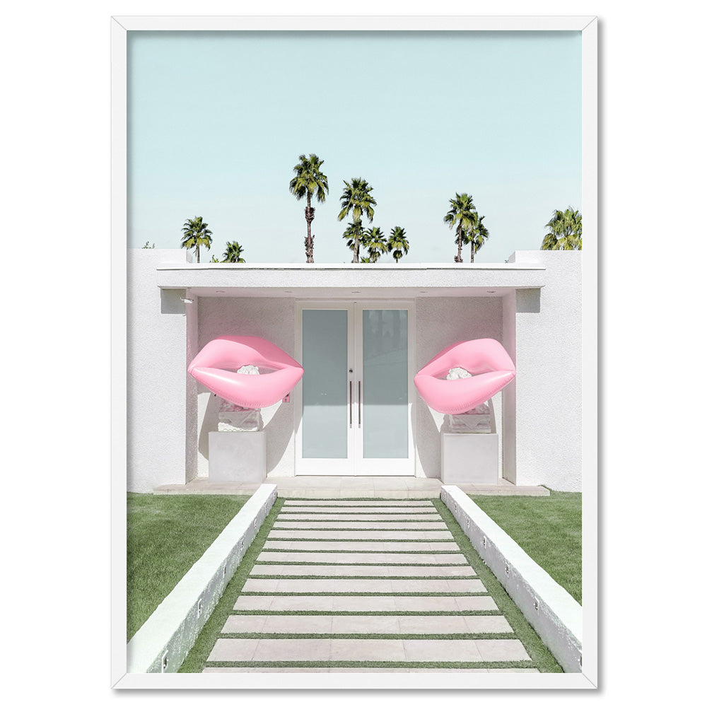 Palm Springs | House with Pink Lips, Poster, Stretched Canvas, or Framed Wall Art Print, shown in a white frame