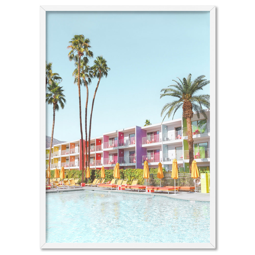 Palm Springs | Saguaro Hotel V, Poster, Stretched Canvas, or Framed Wall Art Print, shown in a white frame