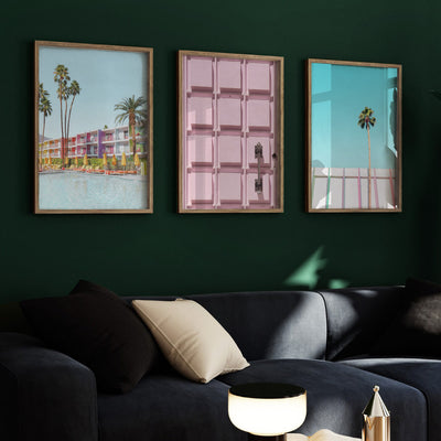 Palm Springs | Saguaro Hotel IV, Poster, Stretched Canvas or Framed Wall Art, shown framed in a home interior space