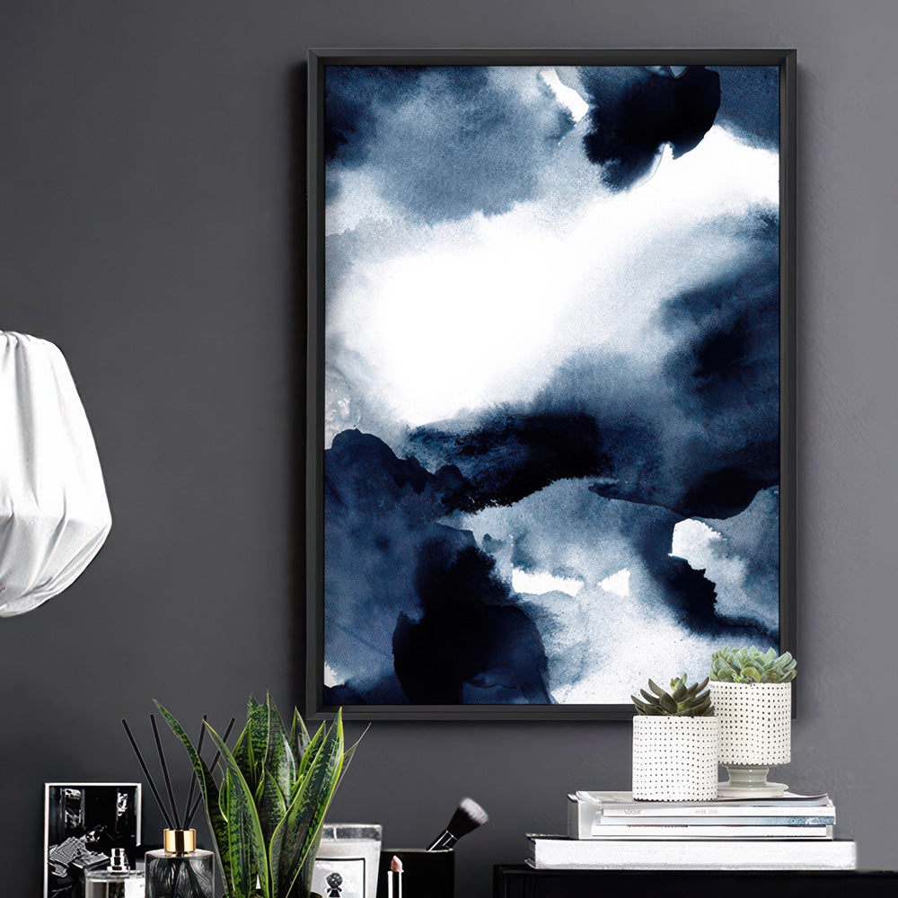 Abstract Watercolour Navy Indigo Clouds II - Art Print, Poster, Stretched Canvas or Framed Wall Art Prints, shown framed in a room