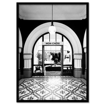 Designer Store Front Arch - Art Print, Poster, Stretched Canvas, or Framed Wall Art Print, shown in a black frame