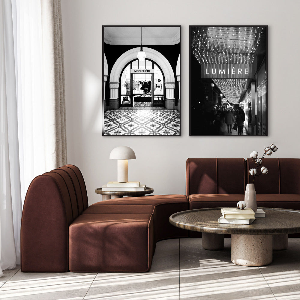 Designer Store Front Arch - Art Print, Poster, Stretched Canvas or Framed Wall Art, shown framed in a home interior space