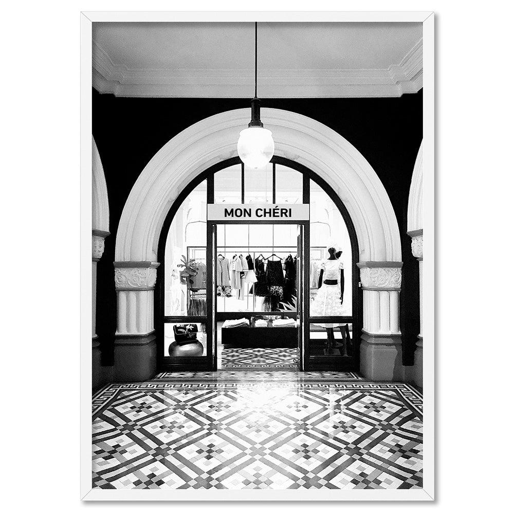 Designer Store Front Arch - Art Print, Poster, Stretched Canvas, or Framed Wall Art Print, shown in a white frame