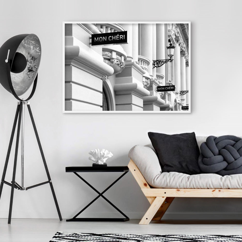 Designer Store Front Monaco Landscape - Art Print, Poster, Stretched Canvas or Framed Wall Art Prints, shown framed in a room