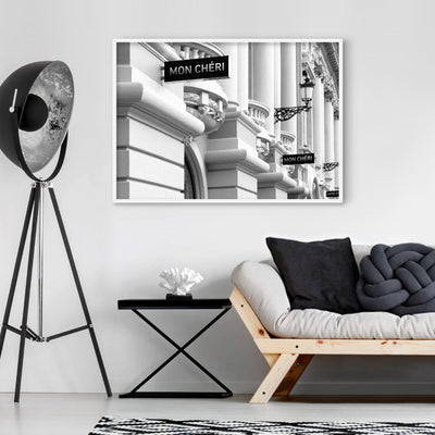 Designer Store Front Monaco Landscape - Art Print, Poster, Stretched Canvas or Framed Wall Art Prints, shown framed in a room