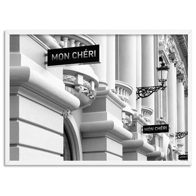 Designer Store Front Monaco Landscape - Art Print, Poster, Stretched Canvas, or Framed Wall Art Print, shown in a white frame