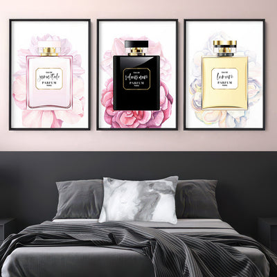 Perfume Bottle Floral II - Art Print, Poster, Stretched Canvas or Framed Wall Art, shown framed in a home interior space