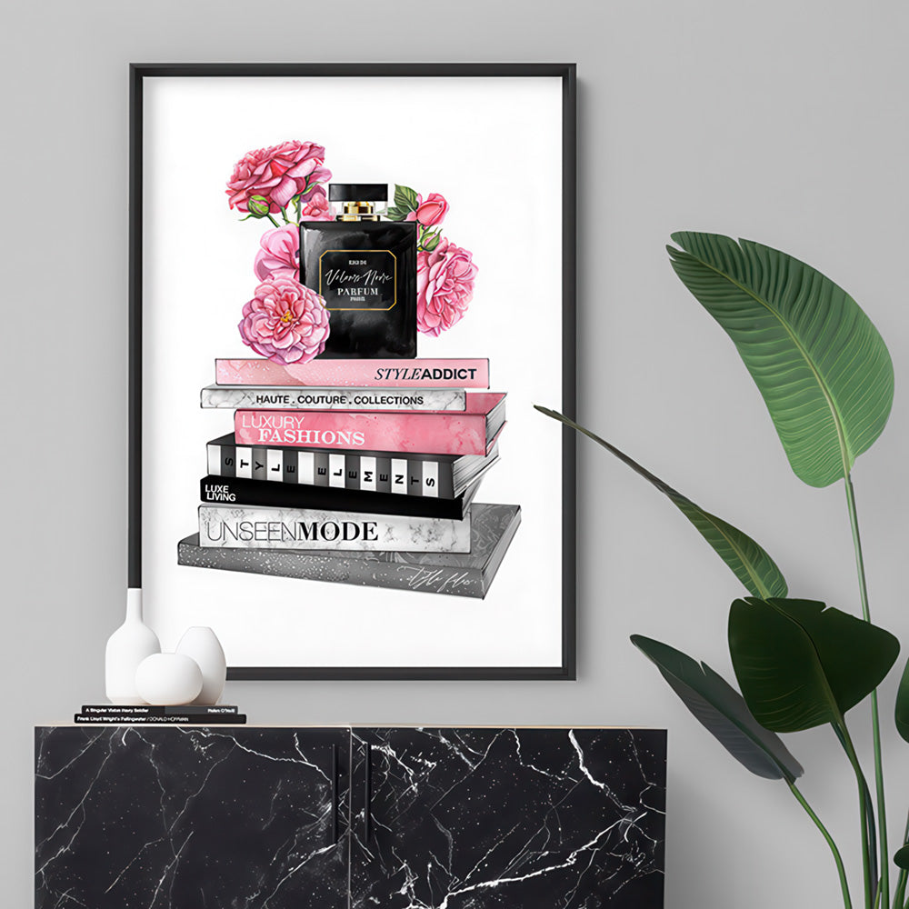 Perfume Bottle on Fashion Books Stack I - Art Print, Poster, Stretched Canvas or Framed Wall Art Prints, shown framed in a room
