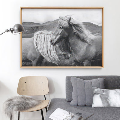 Horses Embrace in B&W - Art Print, Poster, Stretched Canvas or Framed Wall Art, shown framed in a home interior space