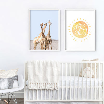 Giraffe Trio on Safari - Art Print, Poster, Stretched Canvas or Framed Wall Art, shown framed in a home interior space