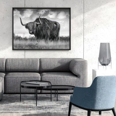 Highland Cow Landscape III B&W - Art Print, Poster, Stretched Canvas or Framed Wall Art Prints, shown framed in a room