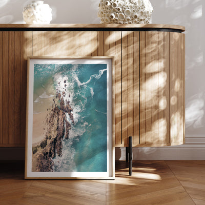 Byron Bay Beach Aerial - Art Print by Beau Micheli, Poster, Stretched Canvas or Framed Wall Art Prints, shown framed in a room