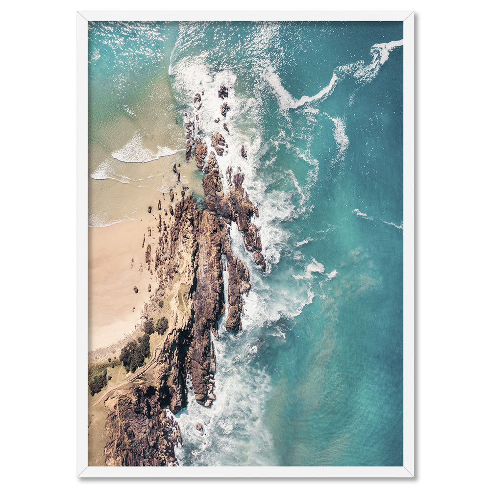 Byron Bay Beach Aerial - Art Print by Beau Micheli, Poster, Stretched Canvas, or Framed Wall Art Print, shown in a white frame