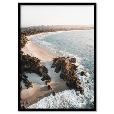 The Pass Byron Bay Aerial II - Art Print by Beau Micheli, Poster, Stretched Canvas, or Framed Wall Art Print, shown in a black frame