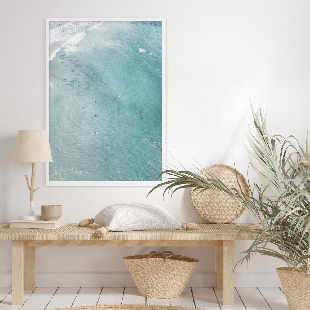 Phillip Island Surfers Aerial - Art Print by Beau Micheli, Poster, Stretched Canvas or Framed Wall Art Prints, shown framed in a room