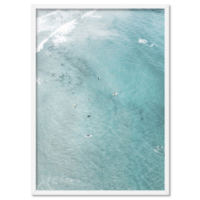 Phillip Island Surfers Aerial - Art Print by Beau Micheli, Poster, Stretched Canvas, or Framed Wall Art Print, shown in a white frame