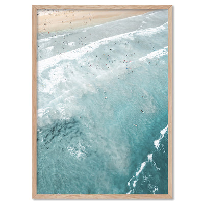 Phillip Island Surfers Aerial II - Art Print by Beau Micheli, Poster, Stretched Canvas, or Framed Wall Art Print, shown in a natural timber frame