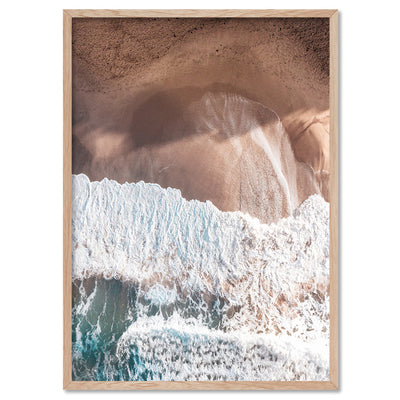 Jan Juc Beach VIC Aerial - Art Print by Beau Micheli, Poster, Stretched Canvas, or Framed Wall Art Print, shown in a natural timber frame