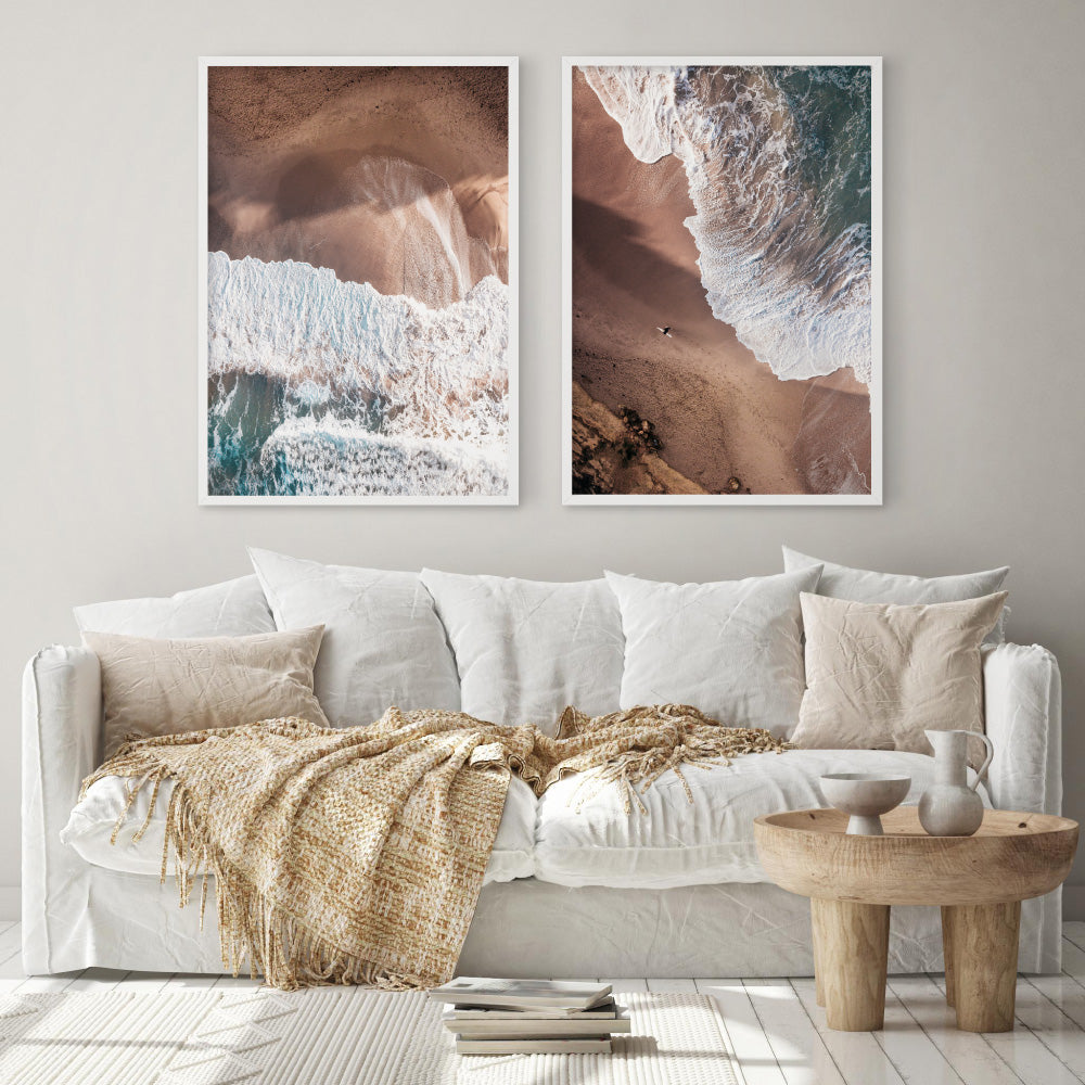 Jan Juc Beach VIC Aerial - Art Print by Beau Micheli, Poster, Stretched Canvas or Framed Wall Art, shown framed in a home interior space