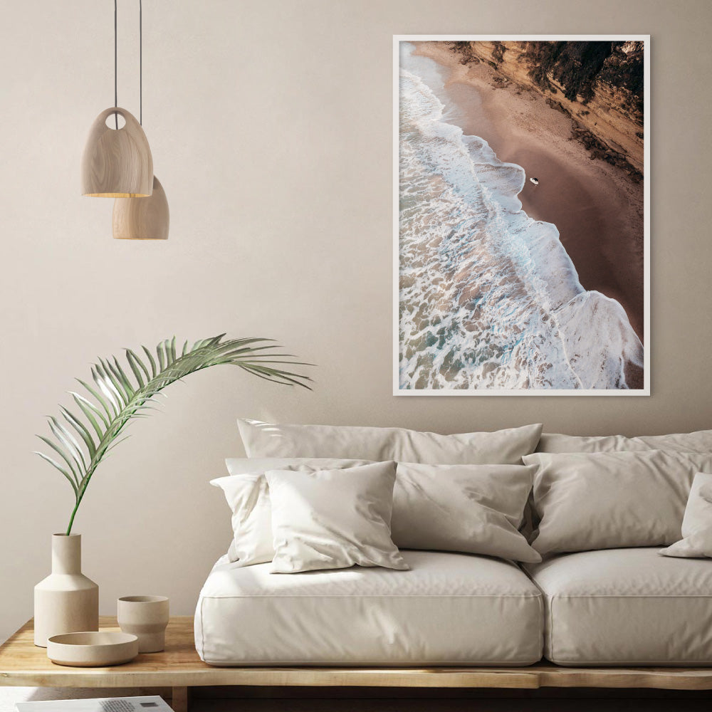 Jan Juc Beach VIC Aerial IV - Art Print by Beau Micheli, Poster, Stretched Canvas or Framed Wall Art Prints, shown framed in a room