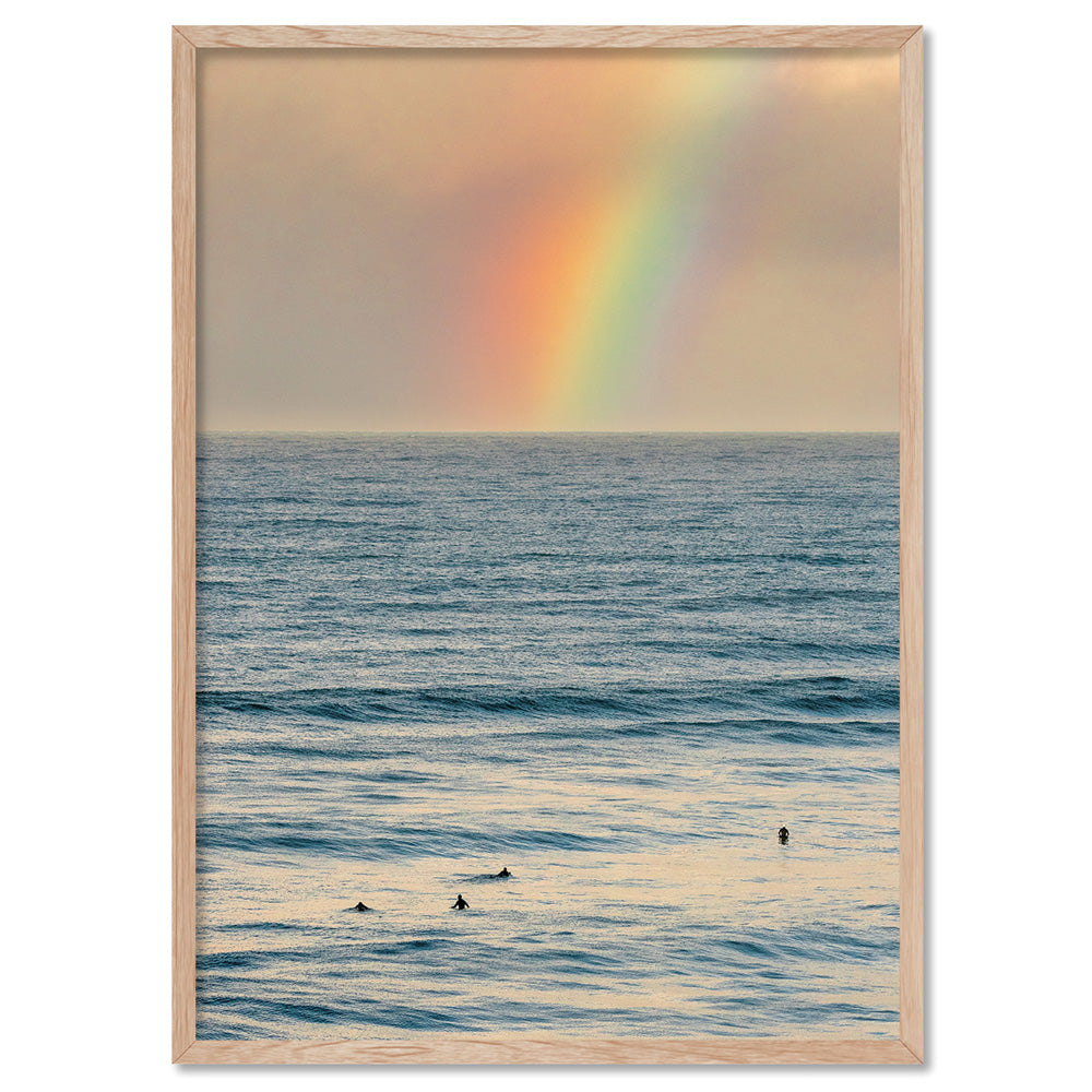 Sunrise and Rainbow Surf - Art Print by Beau Micheli, Poster, Stretched Canvas, or Framed Wall Art Print, shown in a natural timber frame