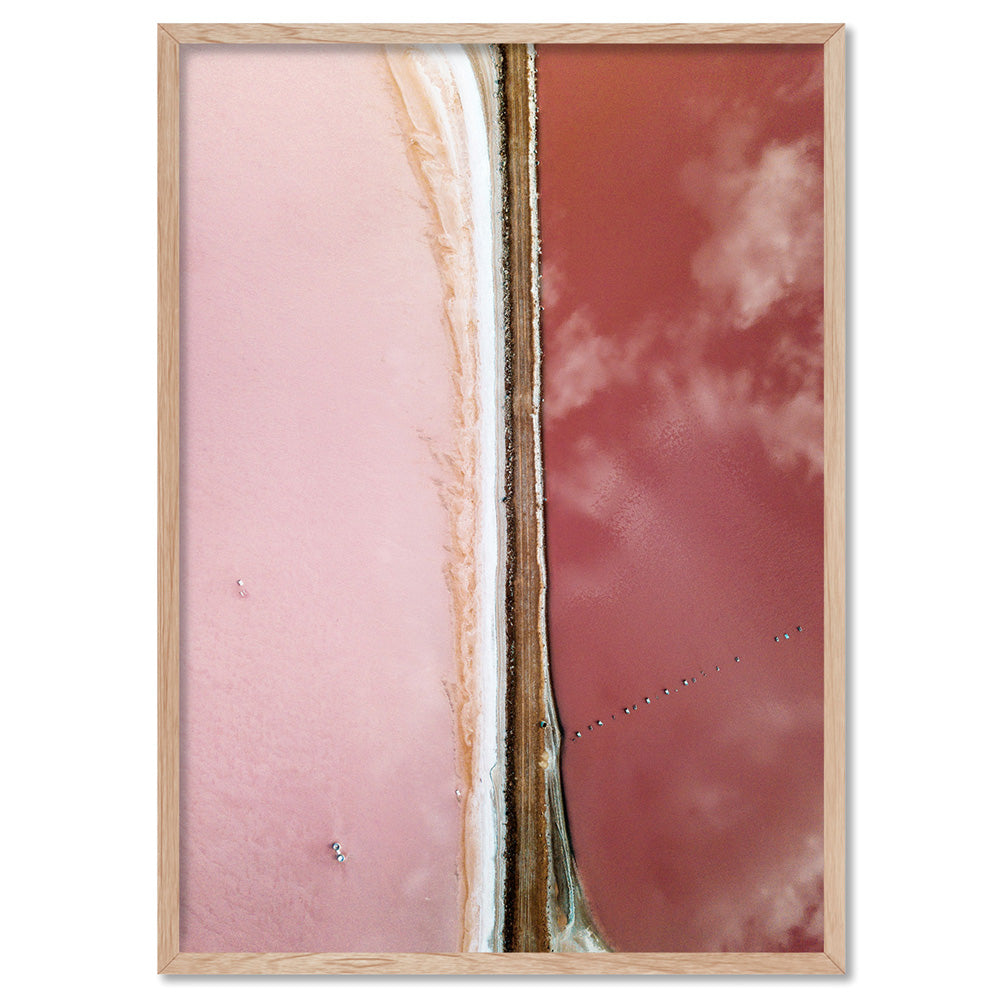 Pink Lake at Hutt Lagoon - Art Print by Beau Micheli, Poster, Stretched Canvas, or Framed Wall Art Print, shown in a natural timber frame