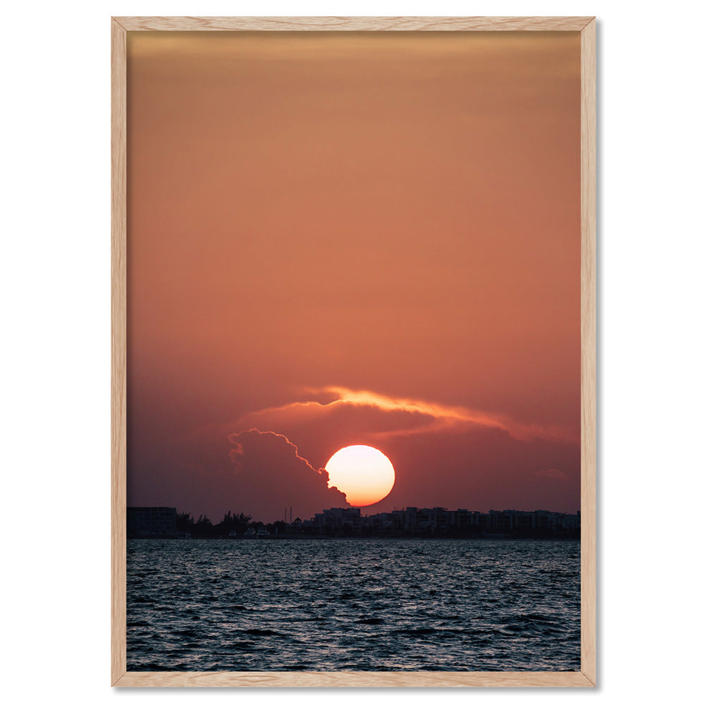 Isla Mujeres Sunset Mexico - Art Print by Beau Micheli, Poster, Stretched Canvas, or Framed Wall Art Print, shown in a natural timber frame