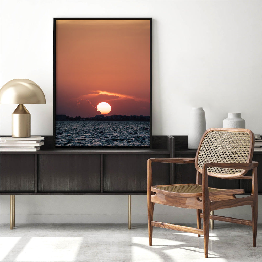 Isla Mujeres Sunset Mexico - Art Print by Beau Micheli, Poster, Stretched Canvas or Framed Wall Art Prints, shown framed in a room