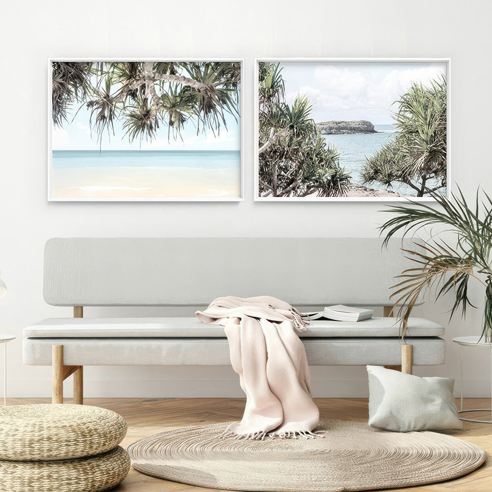 Wategos Beach Byron View - Art Print, Poster, Stretched Canvas or Framed Wall Art, shown framed in a home interior space