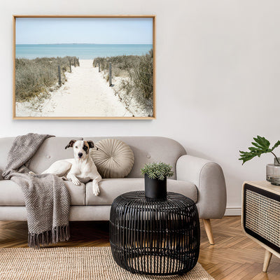 City Beach Entrance Perth - Art Print, Poster, Stretched Canvas or Framed Wall Art, shown framed in a home interior space