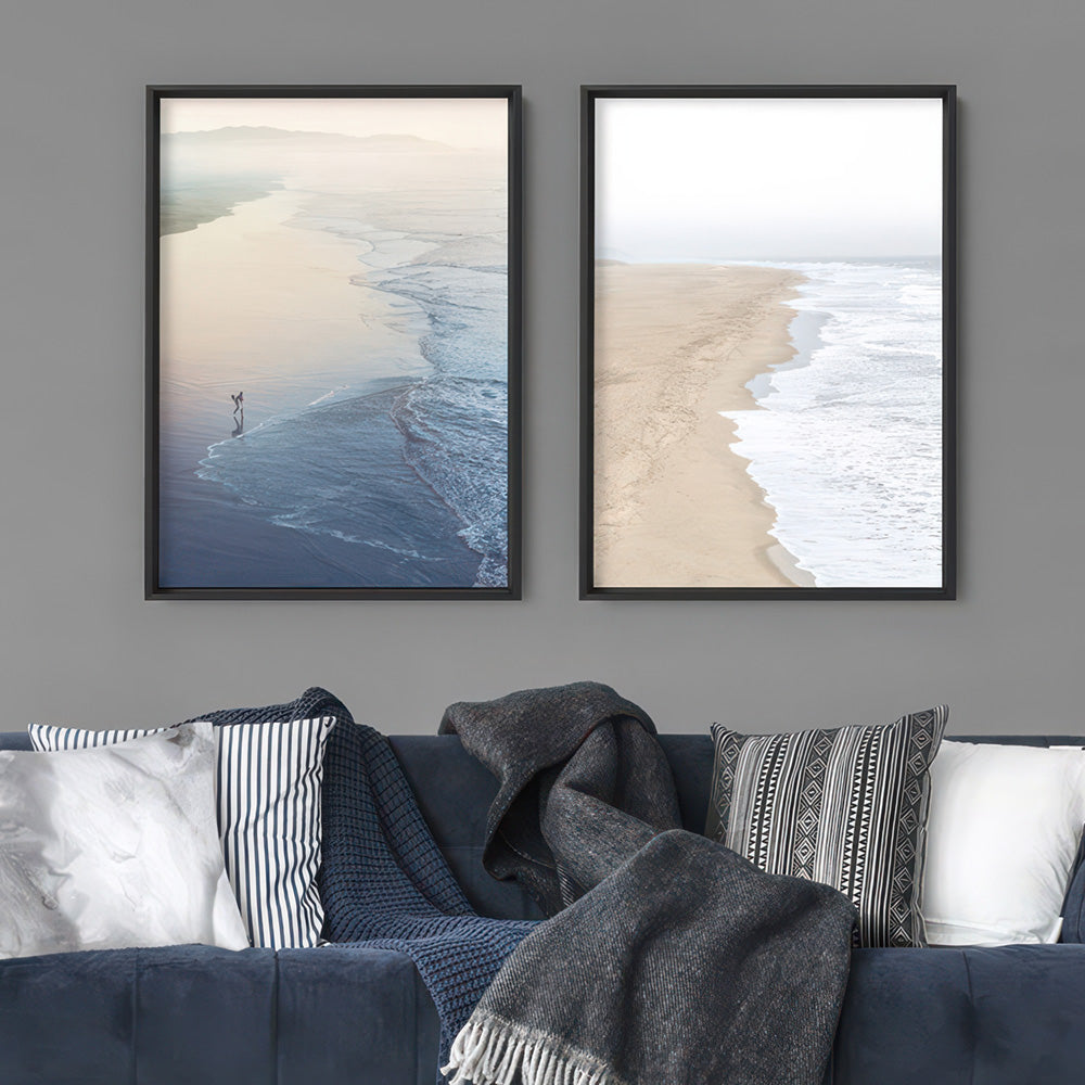 Surfer Walking to Ocean Waves - Art Print, Poster, Stretched Canvas or Framed Wall Art, shown framed in a home interior space