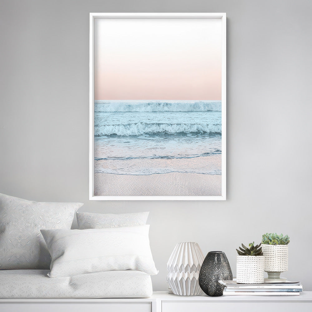 Beach View at Dusk, in Pastels  - Art Print, Poster, Stretched Canvas or Framed Wall Art Prints, shown framed in a room